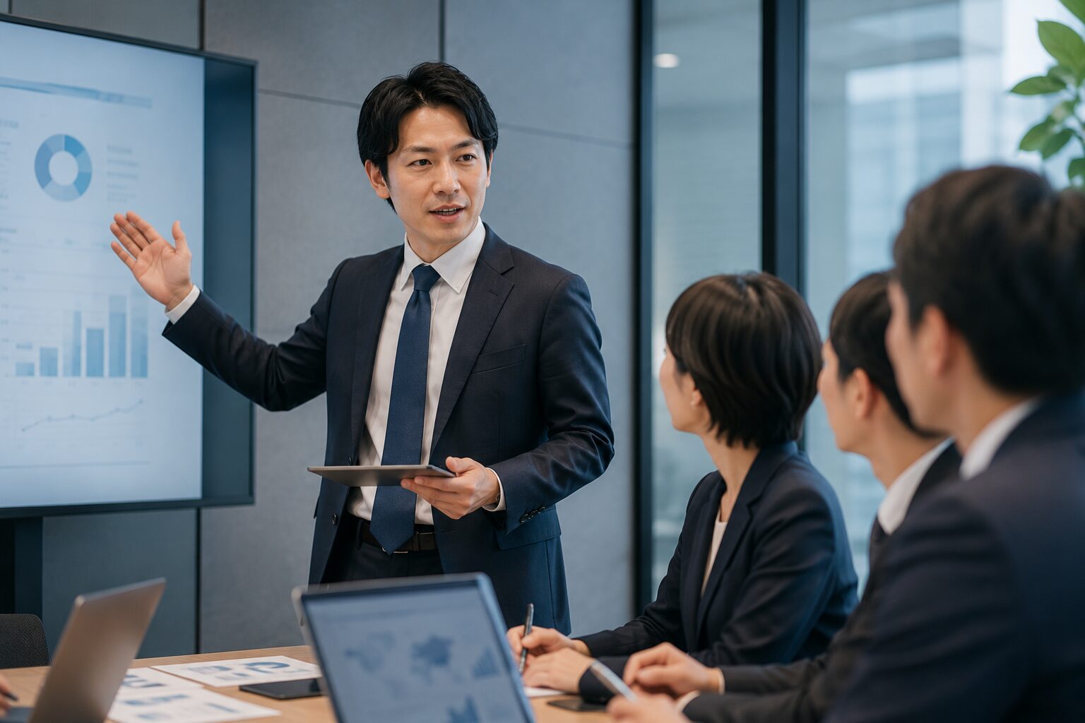 事業会社側の経験を担当者に伝えるビジネスパーソン