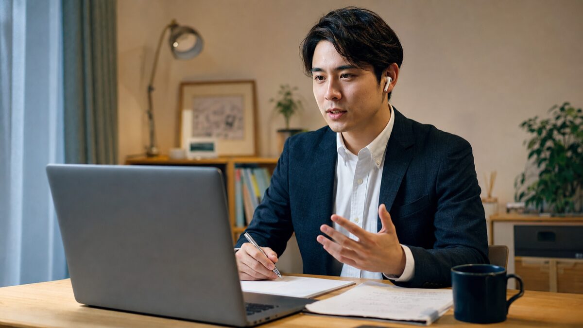 自身のプロジェクト経験を整理して面接に備える男性