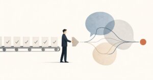 定型処理から複数の論点をまとめて判断する仕事への変化を表したイラスト