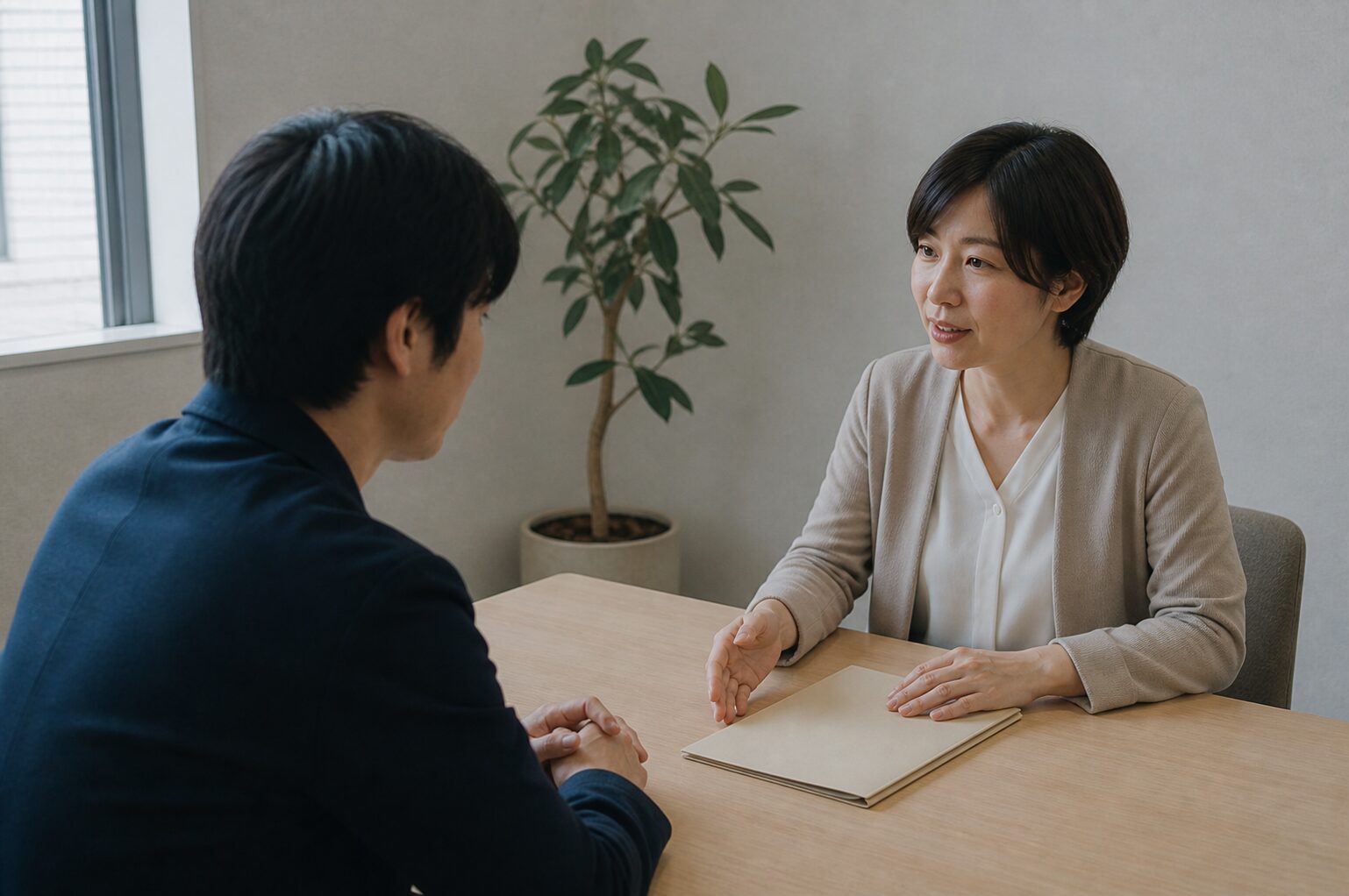 dodaのキャリアアドバイザーに転職相談するビジネスパーソン