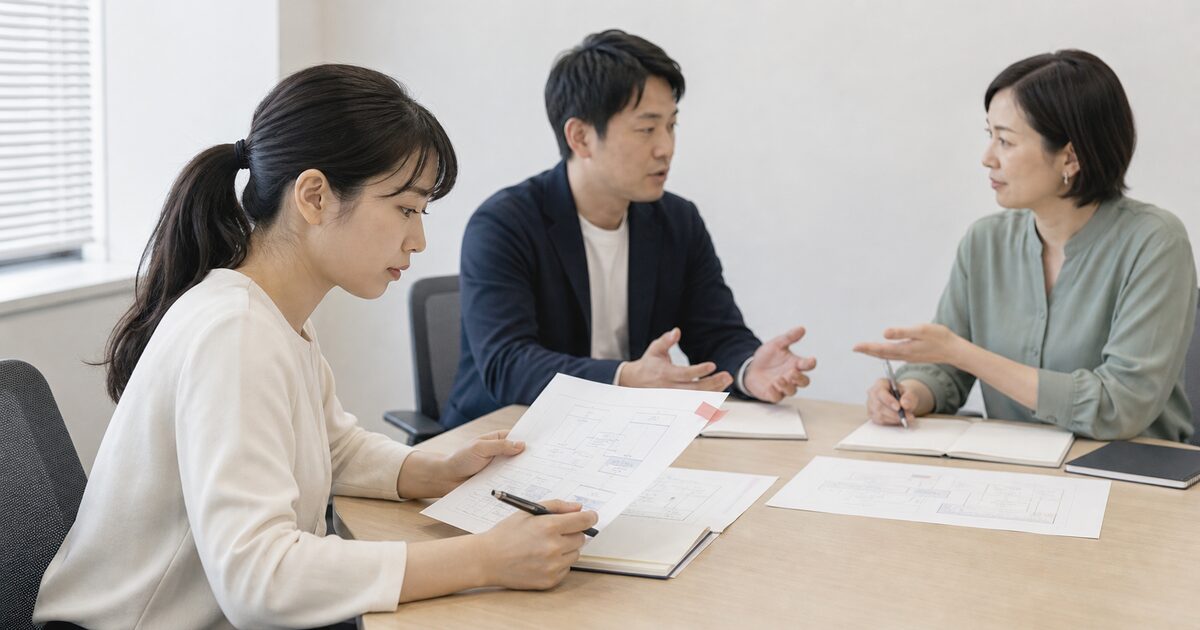 先輩の要件議論を聞きながら技術資料を確認する若手の情報システム担当者